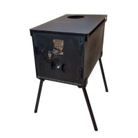 a boxy black wood tent stove 