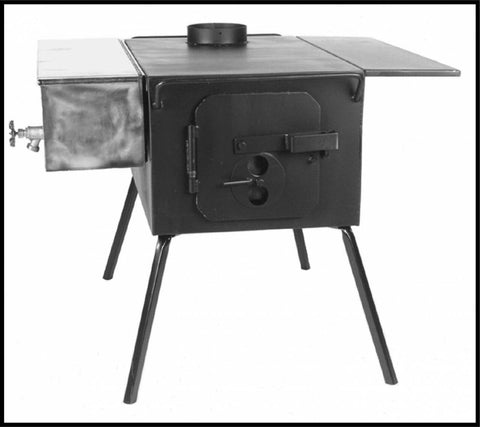 boxy black wood stove with side tank for hot water