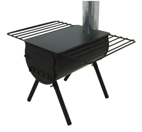 a classic cylindrical tent stove made of painted black stainless steel